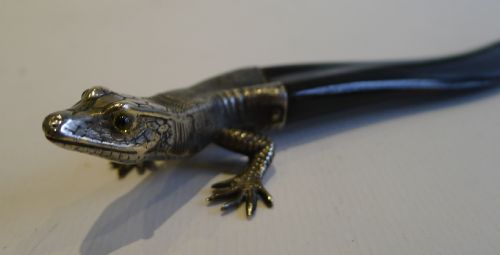 Antique English Horn & Silver Plated Figural Letter Opener - Lizard