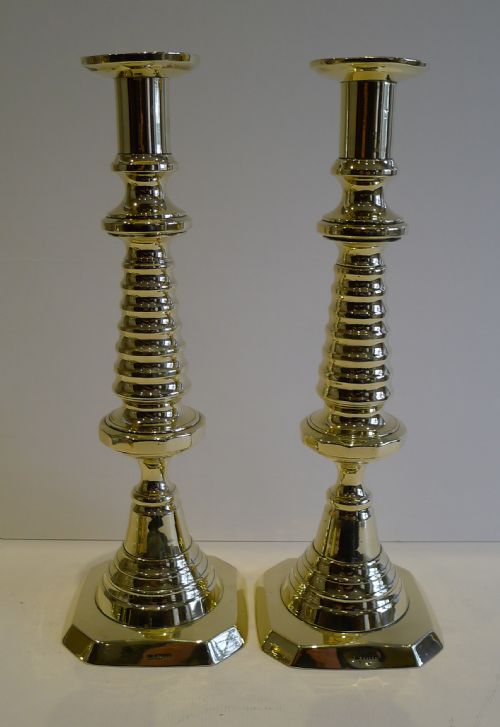 Pair Antique English Brass "Beehive" Candlesticks C.1895
