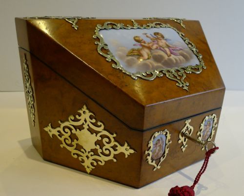 MAGICAL ANTIQUE ENGLISH BURR WALNUT HANDPAINTED PORCELAIN STATIONERY BOX C1850 - ADDITIONAL PHOTO 1