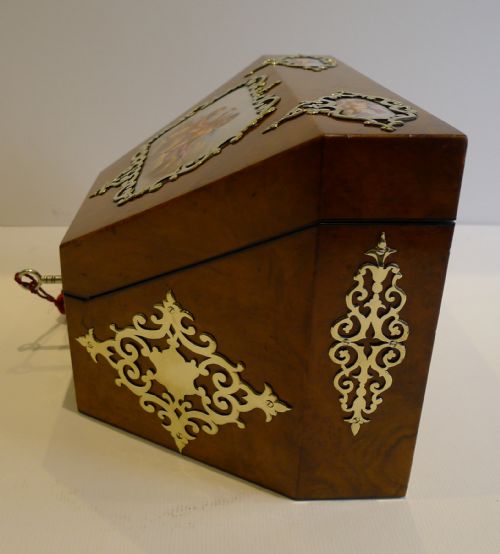 MAGICAL ANTIQUE ENGLISH BURR WALNUT HANDPAINTED PORCELAIN STATIONERY BOX C1850 - ADDITIONAL PHOTO 4