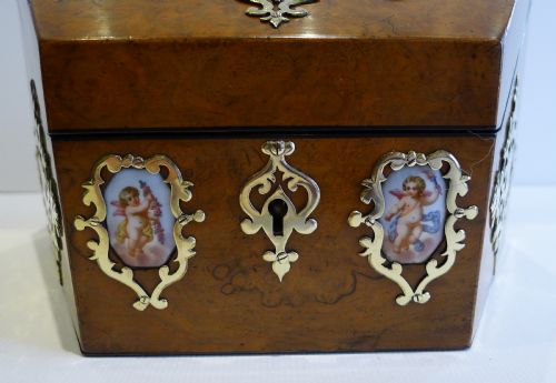 MAGICAL ANTIQUE ENGLISH BURR WALNUT HANDPAINTED PORCELAIN STATIONERY BOX C1850 - ADDITIONAL PHOTO 7