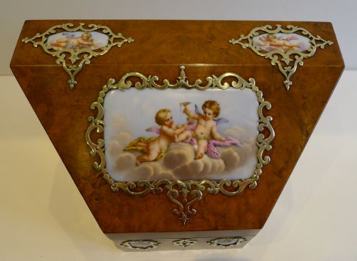 MAGICAL ANTIQUE ENGLISH BURR WALNUT HANDPAINTED PORCELAIN STATIONERY BOX C1850 - ADDITIONAL PHOTO 8
