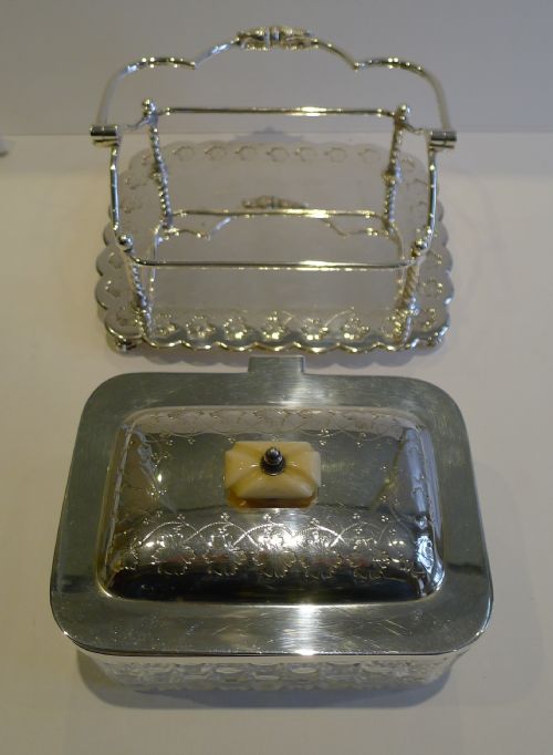 fig 1. Top-Notch Antique English Cut Crystal & Silver Plate Biscuit Box - Walker & Hall