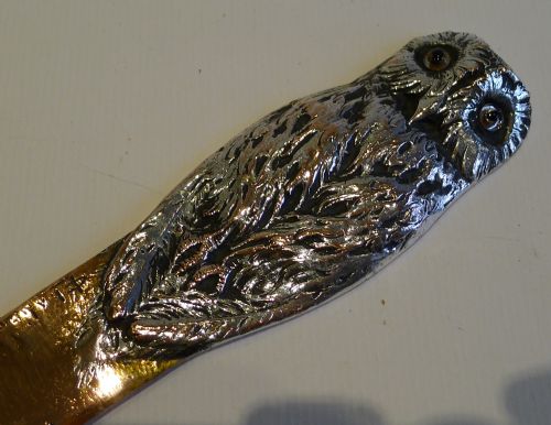 Antique French Copper / Silver Plate Letter Opener or Paper Knife - Signed - Owl C.1900