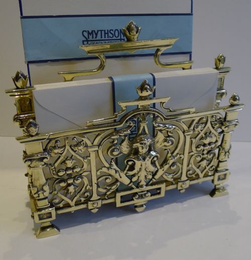 Large Antique English Brass Letter Rack / Stationery Holder C.1880 - Cherubs
