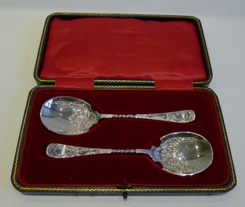 Pristine Pair Antique English Silver Plated Preserve Spoons C.1890