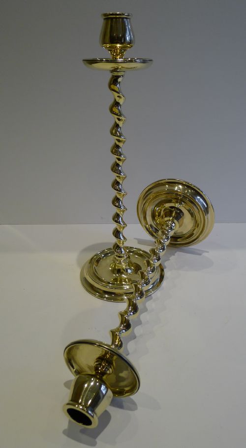Unusual Pair Antique English Brass Twist Candlesticks C.1890