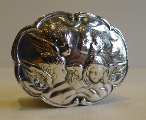 Charming Antique English Sterling Silver Pill Box - Cherubs / Angels by William Comyns