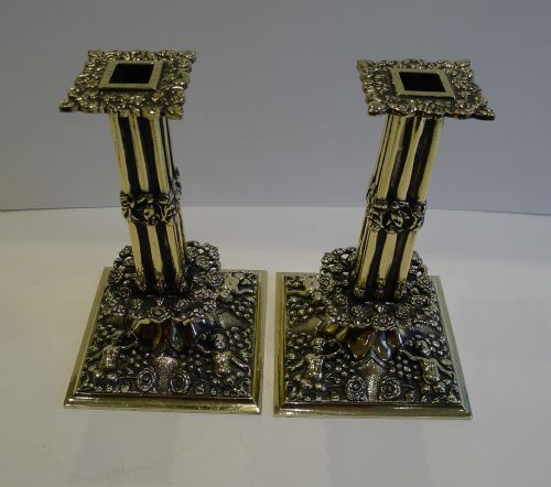 Antique English Cast Brass Candlesticks - Cherubs C.1880