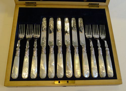 fig 2. Antique English Silver Plate & Mother of Pearl Fruit Eaters - Sterling Ferrules - 1905