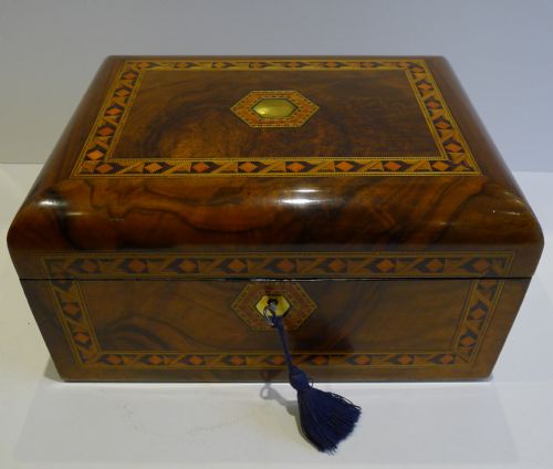 Antique English Burl Walnut and Tunbridge Inlaid Jewellery or Desk Box C.1860