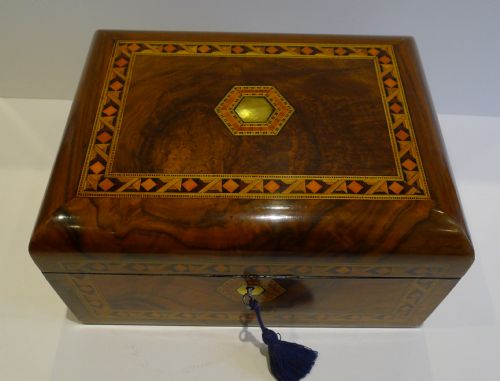 fig 1. Antique English Burl Walnut and Tunbridge Inlaid Jewellery or Desk Box c.1860