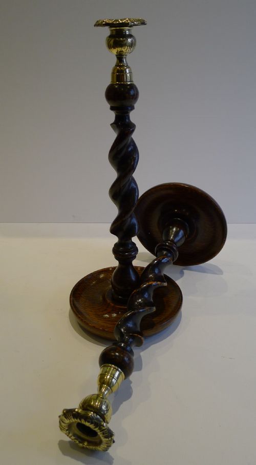 Towering Antique English Oak & Brass Barley Twist Candlesticks C.1900 - 13 1/2"