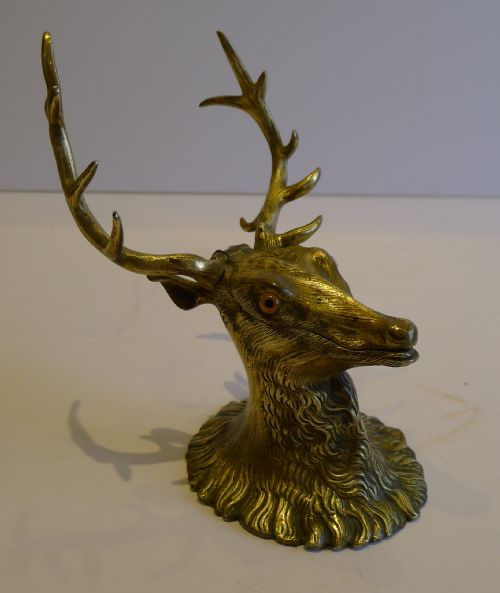 Antique English Figural Brass Inkwell - Original Glass Eyes - Stag, C.1880