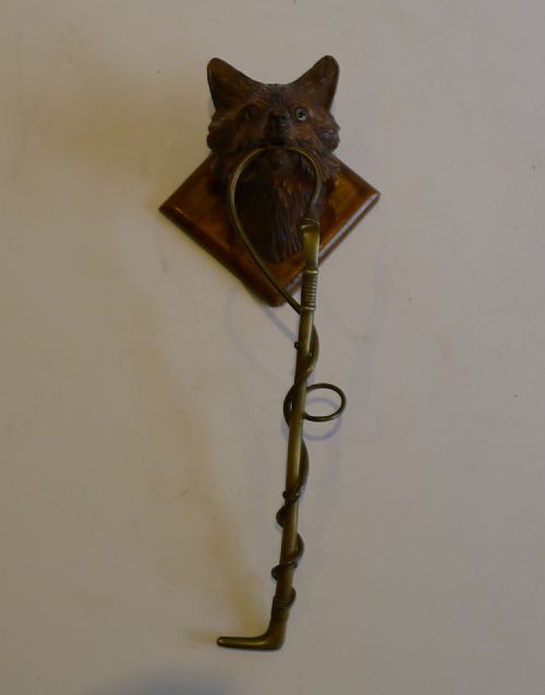 Antique Black Forest Carved Fox Head & Brass Riding Crop Hook C.1890