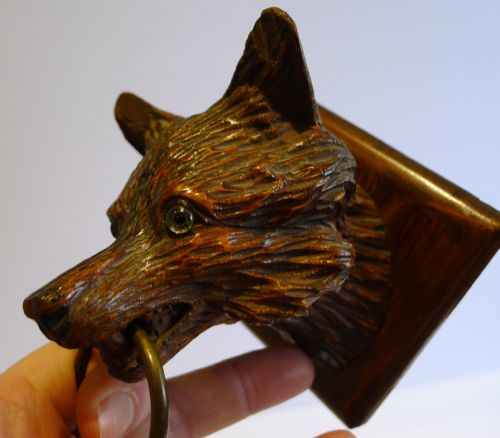 fig 1. Antique Black Forest Carved Fox Head & Brass Riding Crop Hook c.1890