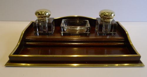 Antique French Mahogany & Brass Inkstand / Desk Set C.1900 - Signed - J.m. Paillard, Paris