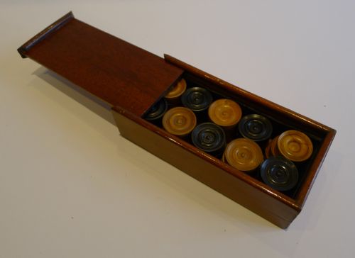 Small Antique English Boxed Set Ebony & Boxwood Draughts / Checkers / Backgammon Counters C.1900