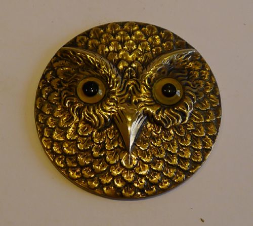 Antique English Figural Pocket Mirror - Owl with Glass Eyes C.1900