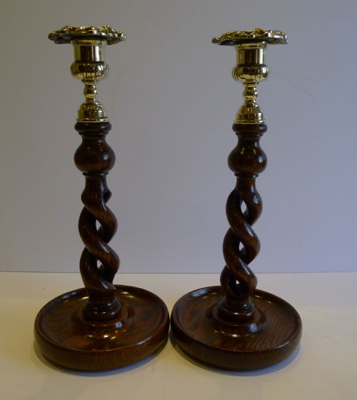 Pair Antique English 10 1/2" Oak Open Barley Twist Candlesticks - Decorative Brass Tops