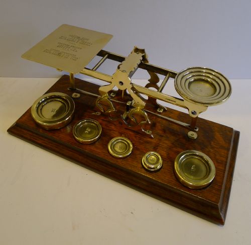 Large Antique English Oak & Brass Postal Scale - Sampson Mordan