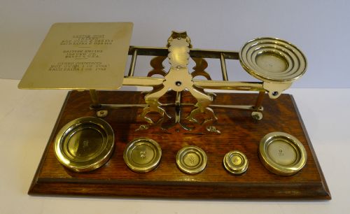 fig 1. Large Antique English Oak & Brass Postal Scale - Sampson Mordan