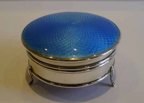 English Sterling Silver & Blue Guilloche Enamel Jewellery Box - 1927