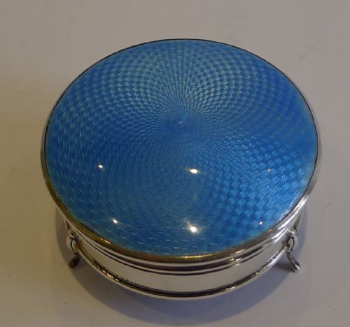 fig 1. English Sterling Silver & Blue Guilloche Enamel Jewellery Box - 1927
