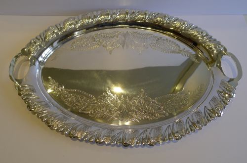 Stunning Antique English Silver Plated Serving Tray Engraved with Ferns, C.1910
