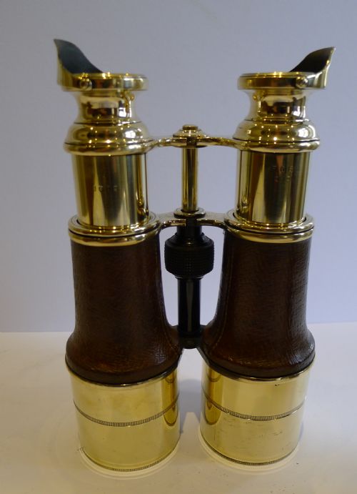 Grand Large Pair Antique English Brass & Leather Binoculars - Ross, London C.1900