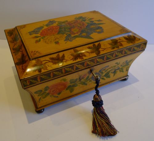 Rare Antique English Painted Sycamore Jewellery Box - Hand Painted Flowers, C.1815