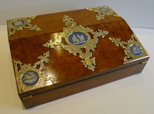Antique English Burr Walnut Lap Desk / Writing Slope - Wedgwood Plaques C.1860