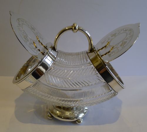 Magnificent & Rare Antique English Cut Glass & Silver Plate Double Ended Biscuit Box by Martin Hall