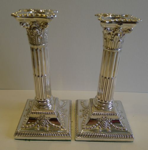 Pair Antique English Silver Plated Candlesticks - Corinthian Columns