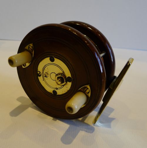 Antique English Mahogany and Brass Star-back Fishing Reel C.1910, Signed Carter & Co. London