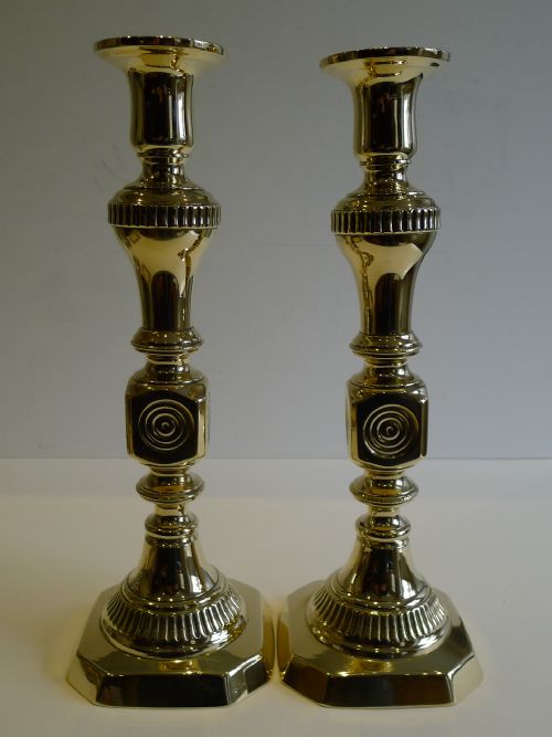 Large Antique English Brass "Bullseye" Candlesticks C.1880