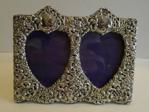 Antique English Sterling Silver Photograph Frame - Double Heart - 1901
