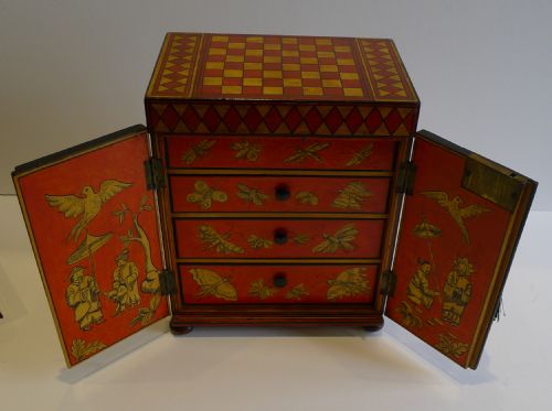 Rare & Vibrant English Regency Chinoiserie Jewellery Cabinet C.1820