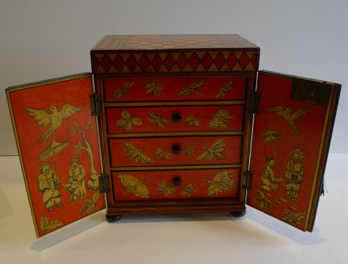 fig 1. Rare & Vibrant English Regency Chinoiserie Jewellery Cabinet c.1820