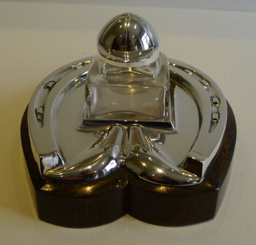 Antique Equestrian / Horse Racing Inkstand / Inkwell in Oak & Silver Plate - Reg. 1909