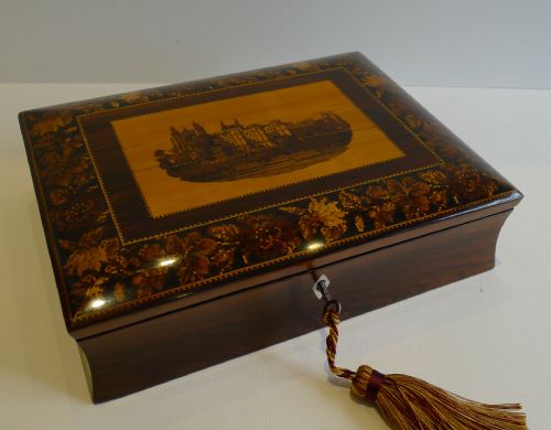 fig 2. Small Antique Tunbridge Ware Writing Box - Rare Scene - Eton College, c.1860