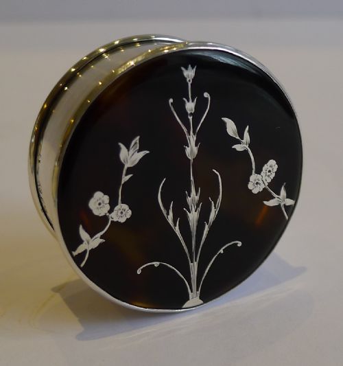 Pretty English Sterling Silver & Tortoise Shell Pill Box - Pique Inlaid