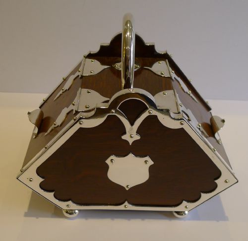 fig 1. Rare Antique English Oak & Silver Plated Biscuit Box - Reg. 1879