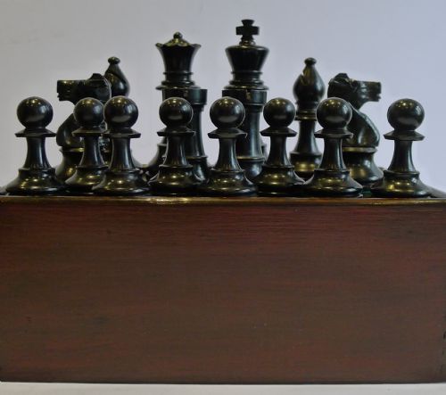 fig 1. Large Antique English Weighted Boxwood Chess Set With Storage Box c.1910