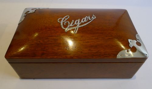 Antique English Sterling Silver Mounted Mahogany Cigar Box / Humidor - 1909