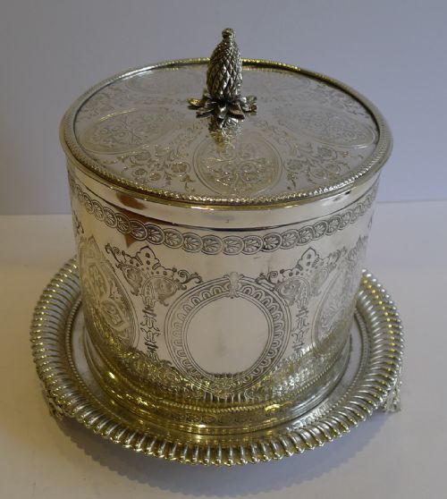 Highly Decorative Antique English Biscuit Box / Barrel - 1862 in Silver Plate.