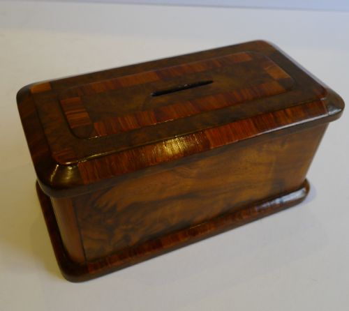 Unusual Antique English Walnut & Tulipwood Money Box / Bank C.1850