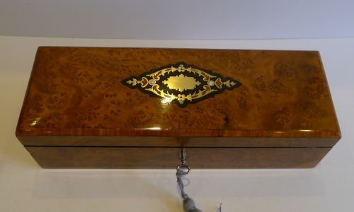 fig 1. Antique French Inlaid Burr Cedar & Tulipwood Glove Box c.1860