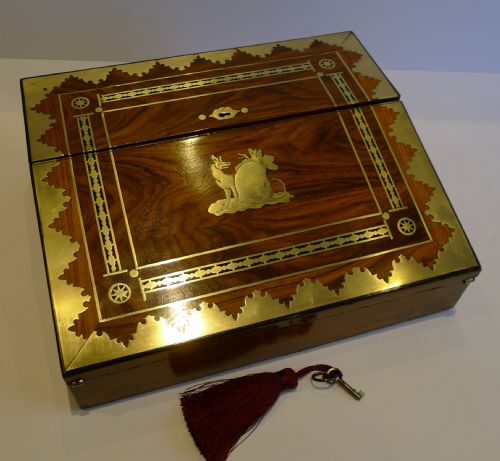 English Regency Kingwood Lap Desk - Intricate Cut Brass Inlay C.1820
