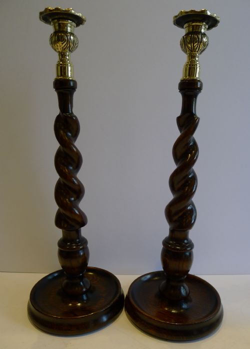 Towering Antique English Oak & Brass Barley Twist Candlesticks C.1900 - 14"